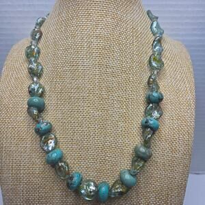 Vintage Turquoise Look Venetian Art Glass Beaded Necklace Jewelry